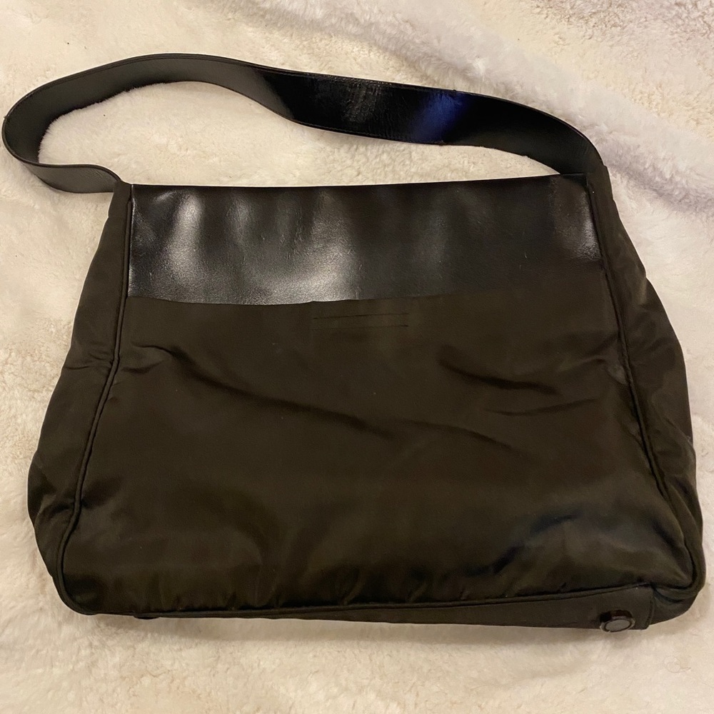 PRADA TOTE 15” wide brown nylon & leather tote.Shoulder bag Good used condition